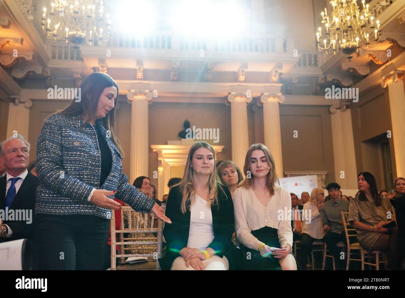 NO ARCHIVE, ONE USE ONLY, ONLY FOR USE IN REPORTING OF THIS EVENT. Ouided Bouchamaoui (left), Sofia Tereshchenko (centre), and Anastasiia Feskova during the International Children's Peace Prize at Banqueting House, London. Picture date: Friday November 17, 2023. Stock Photo