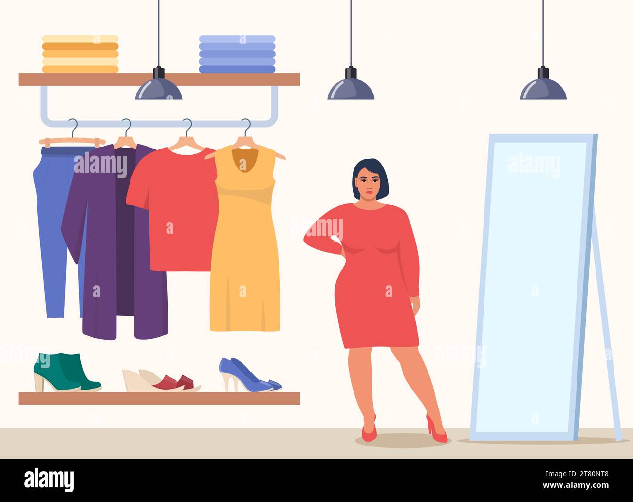 Woman stands near clothes rack and mirror, chooses clothes in fashion