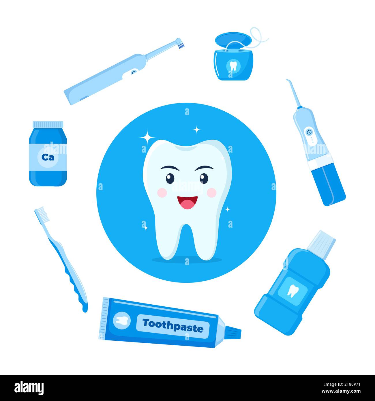 Healthy happy tooth character surrounded by dental cleaning tools, oral