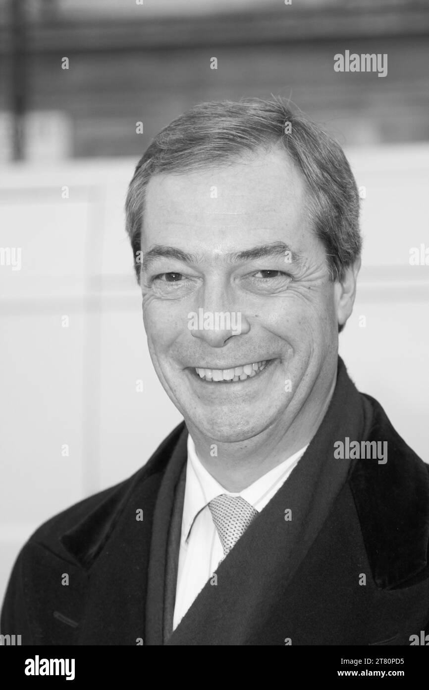Nigel Farage. Black and White. Monochrome. Famous politicians. Reform party. GB NEWS. Russell Moore portfolio page. Stock Photo