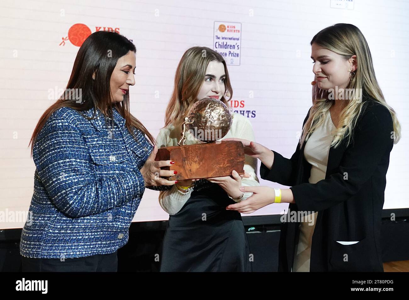NO ARCHIVE, ONE USE ONLY, ONLY FOR USE IN REPORTING OF THIS EVENT. Ouided Bouchamaoui (left), Anastasiia Feskova (centre), and Sofia Tereshchenko during the International Children's Peace Prize at Banqueting House, London. Picture date: Friday November 17, 2023. Stock Photo
