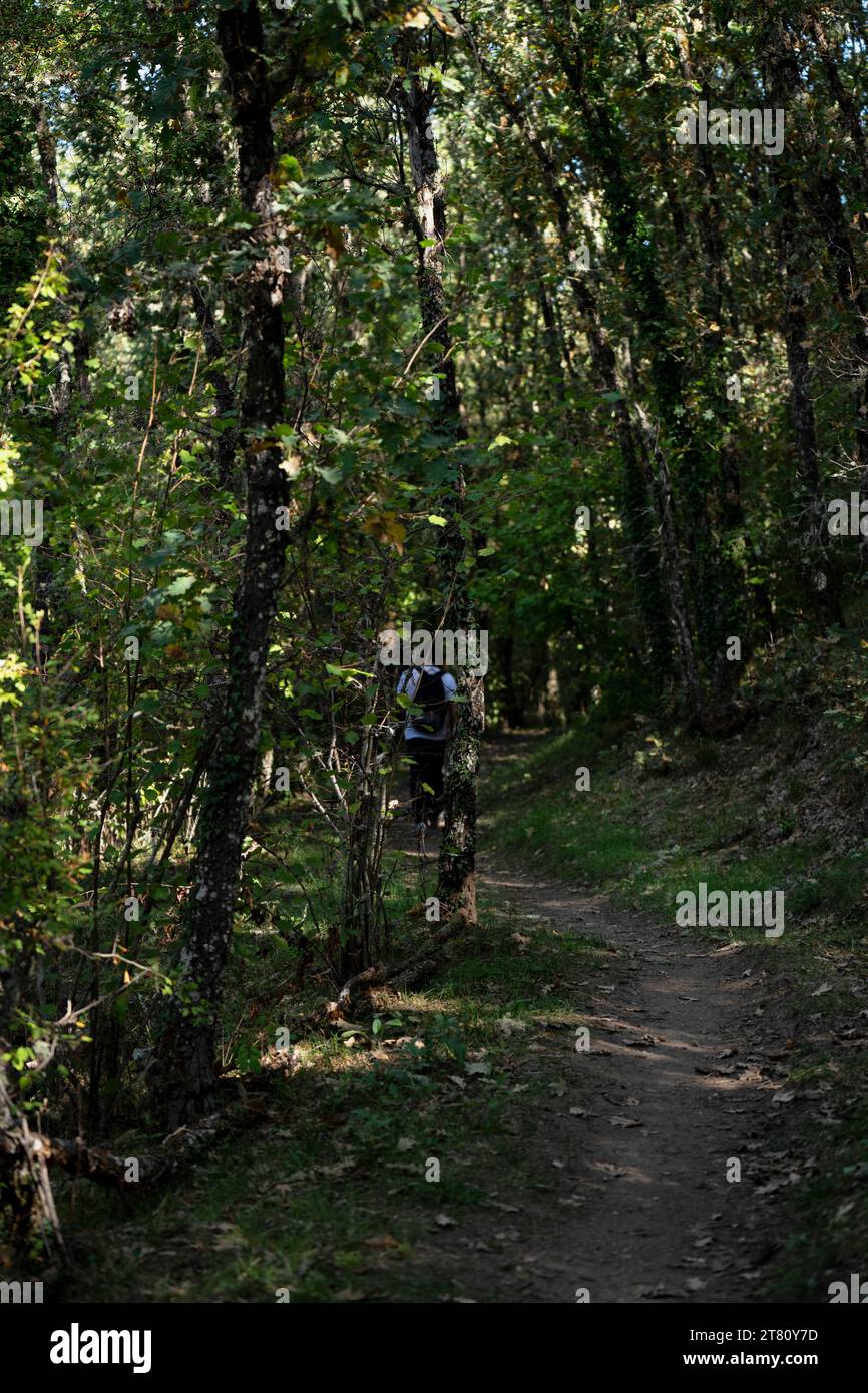 hiking people in Montemayor del rio, Salamanca, Spain Stock Photo