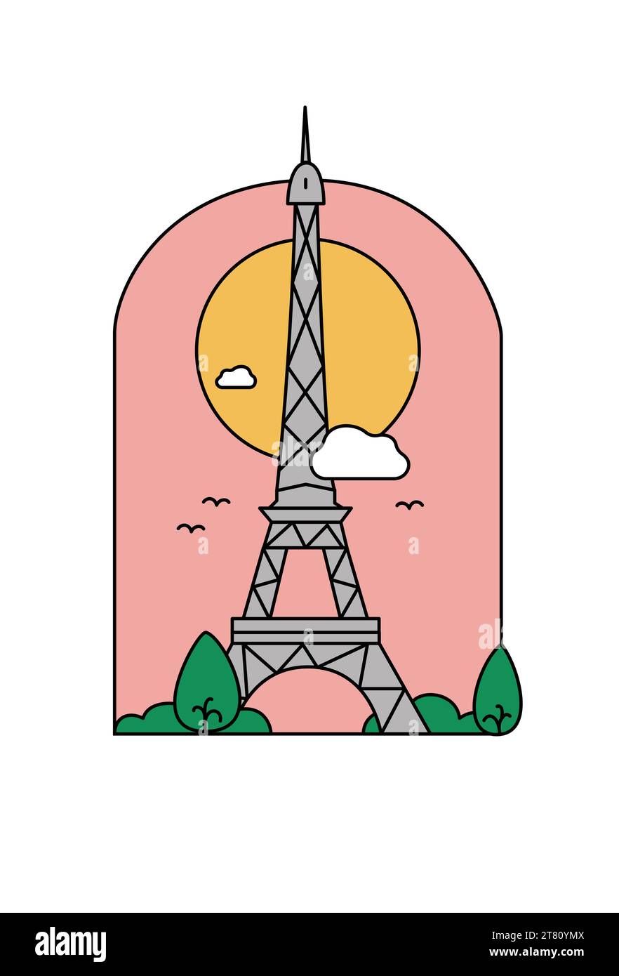 Eiffel Tower, Paris, France, Architecture In The Sky With Clouds and Birds Scenery Stock Vector