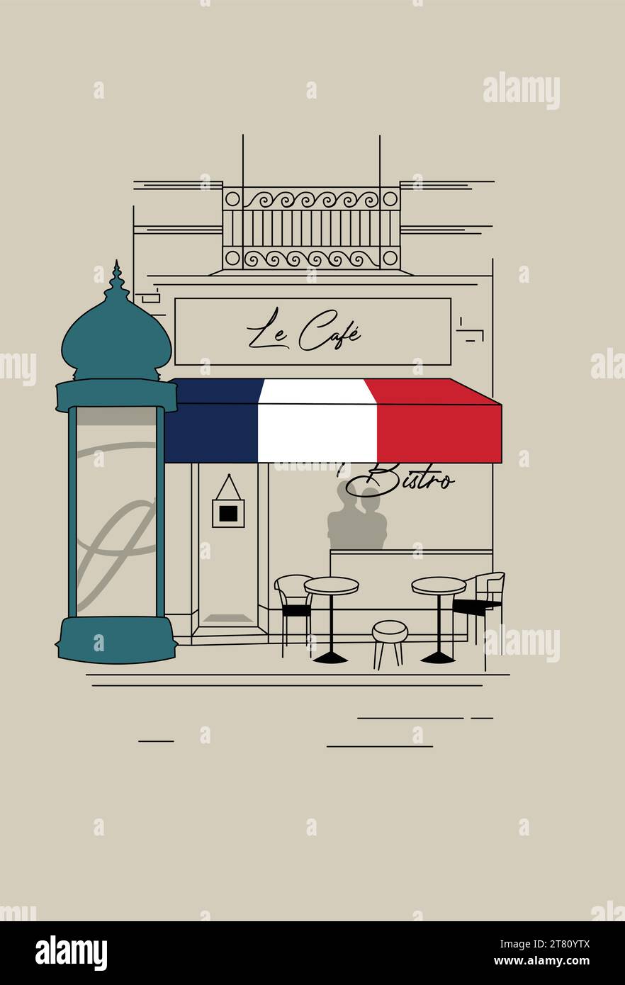 Le Café, Bistro, Paris, France, Building, Architecture With Morris Column Scene Stock Vector