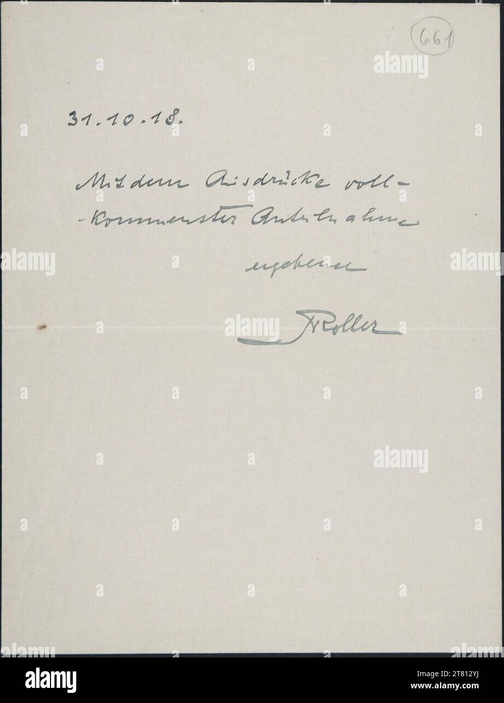 Alfred Roller (Verfasser in) Condolence letter from Alfred Roller to Egon Schiele, from October 31, 1918. Feder in black/blue 31. Oktober 1918 , 1918-10-31 Stock Photo