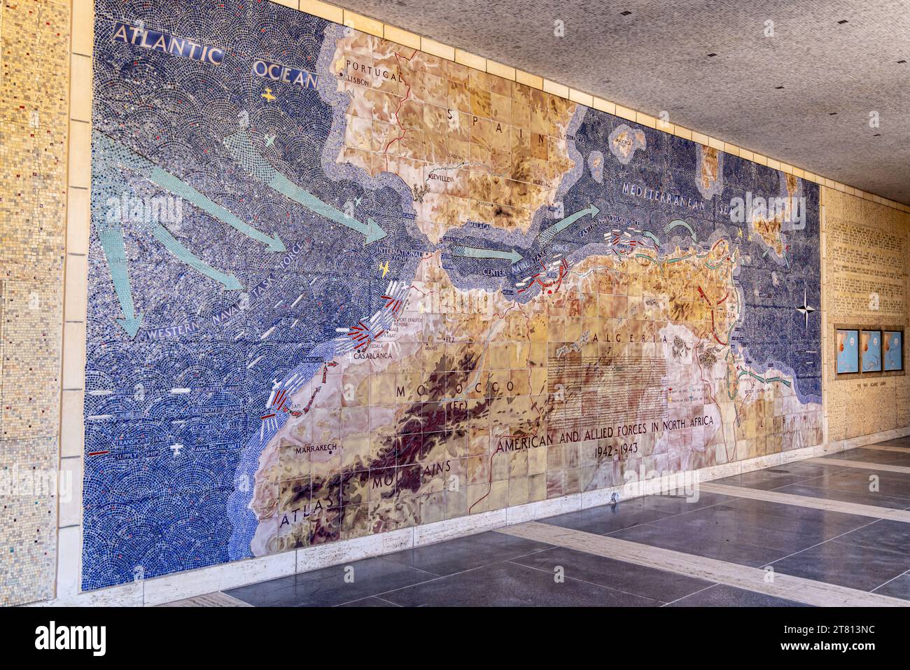 North Africa American Cemetery, Carthage, Tunis, Tunisia. March 8, 2023. Map showing battles at the North Africa American Cemetery in Carthage. Stock Photo