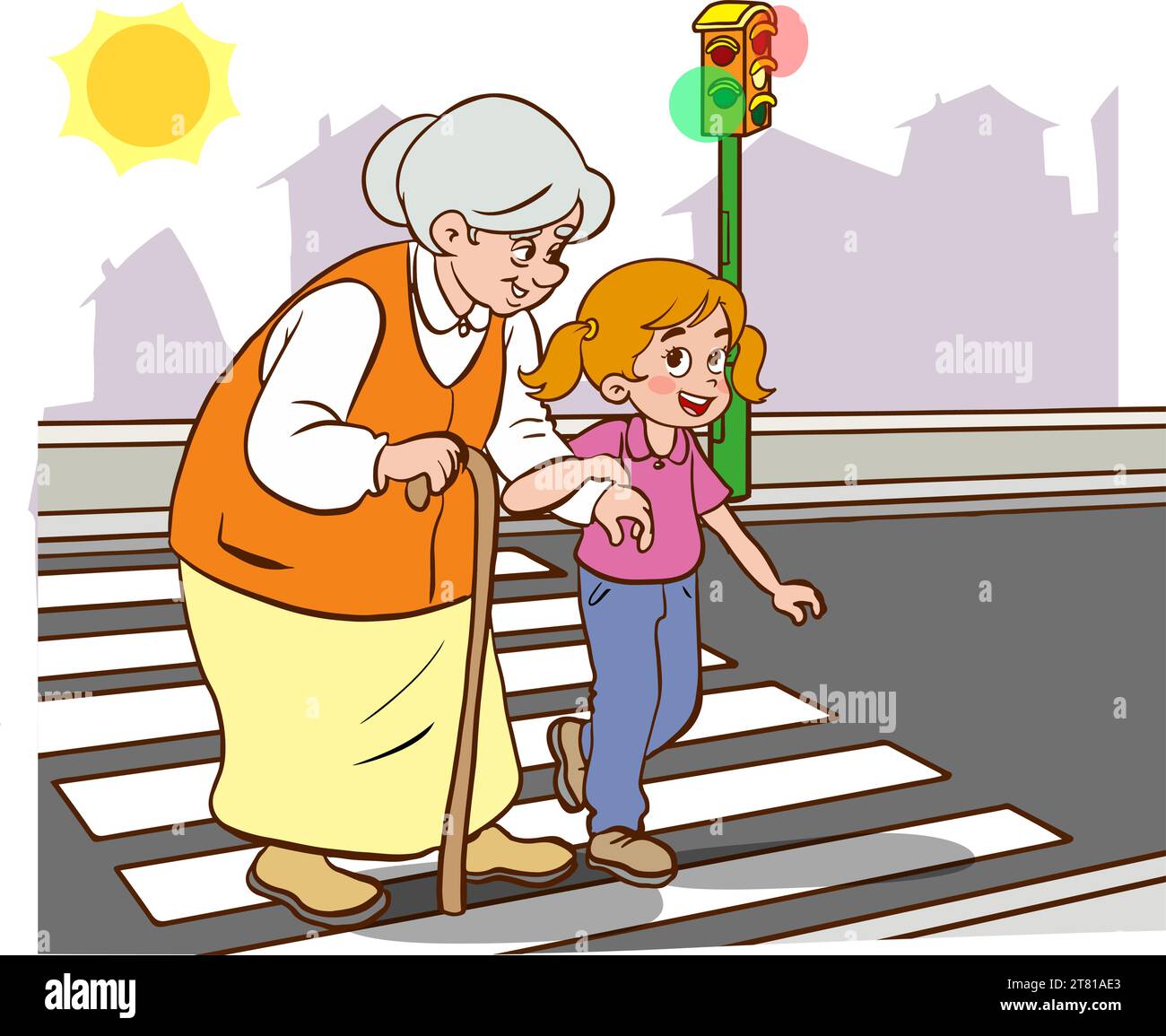 child helping old woman.old woman and child walking on crosswalk cartoon vector Stock Vector