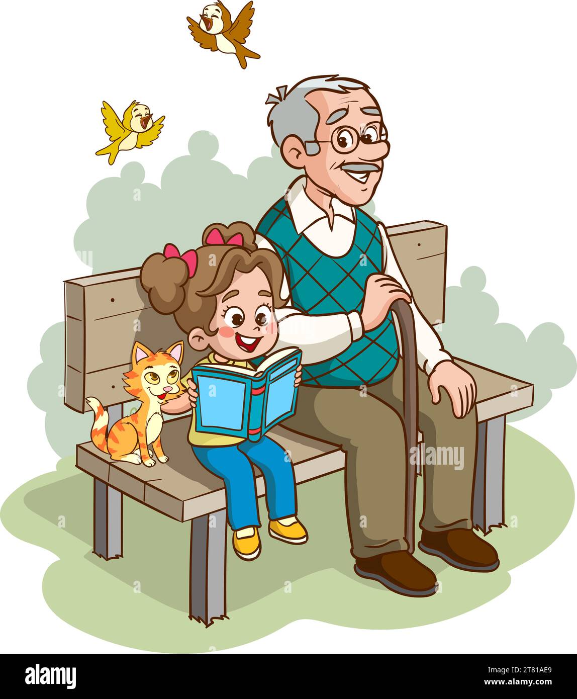 children reading a book sitting on the bench with his grandfather Stock