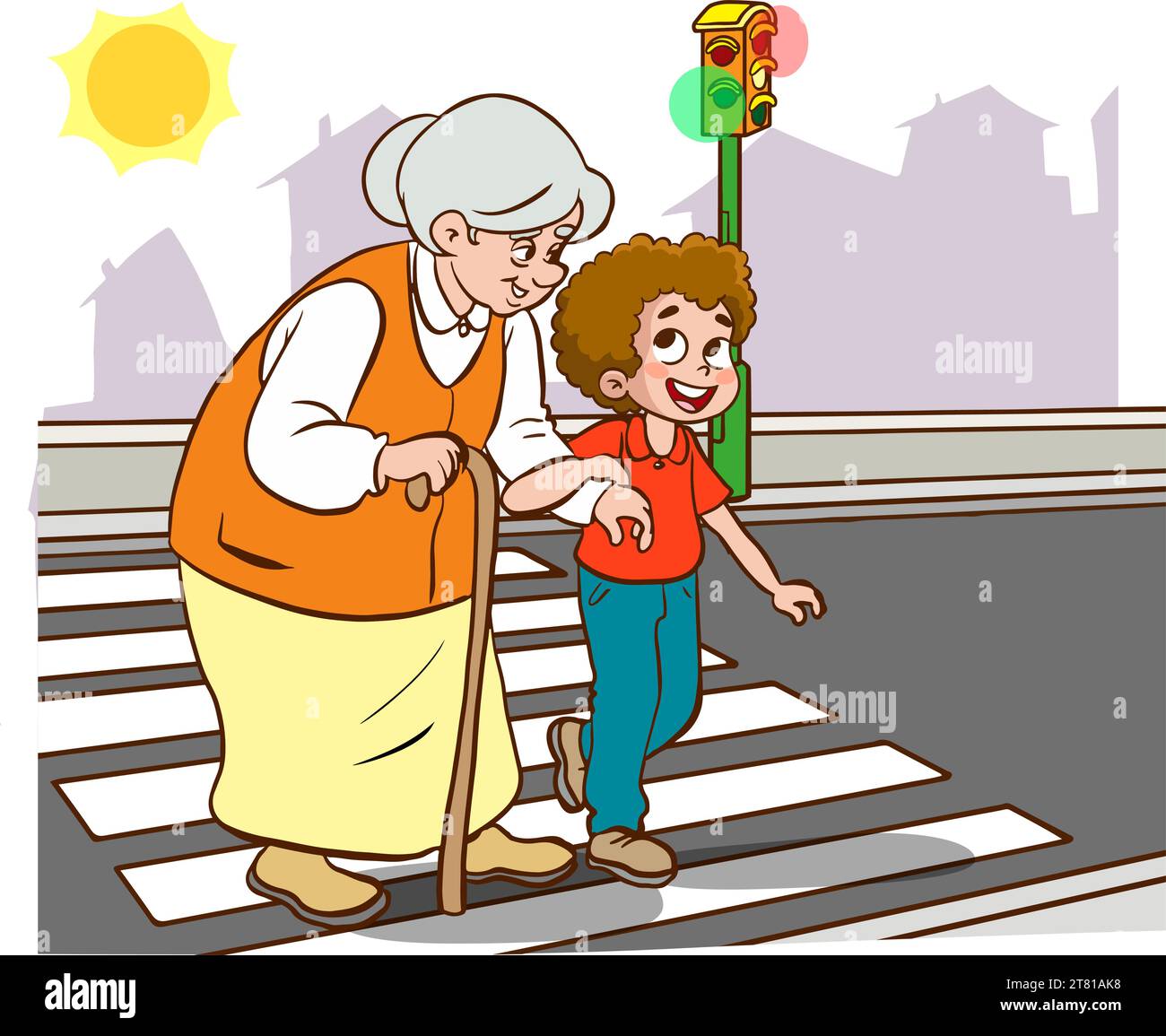 child helping old woman.old woman and child walking on crosswalk cartoon vector Stock Vector