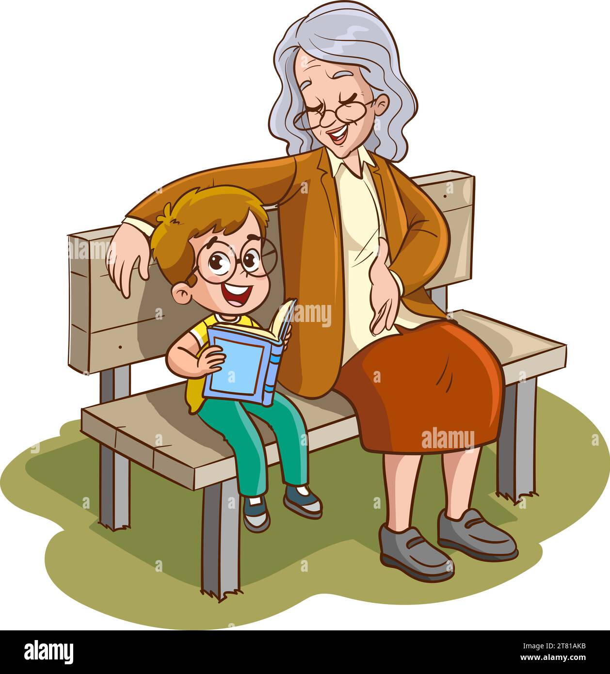 children reading a book sitting on the bench with his grandmother Stock