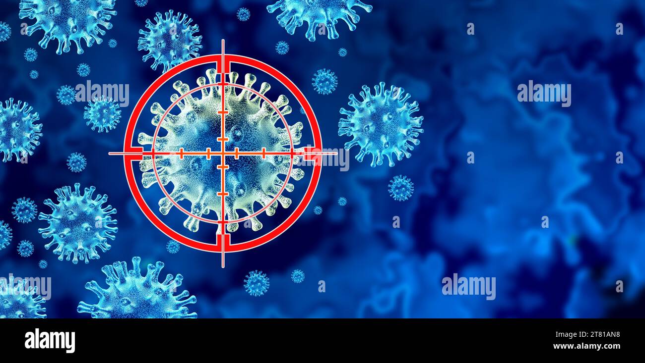Antiviral Defense and Virus Target aiming at a pathogen as a new infectious strain attacked with therapy or vaccine treatment for the eradication Stock Photo