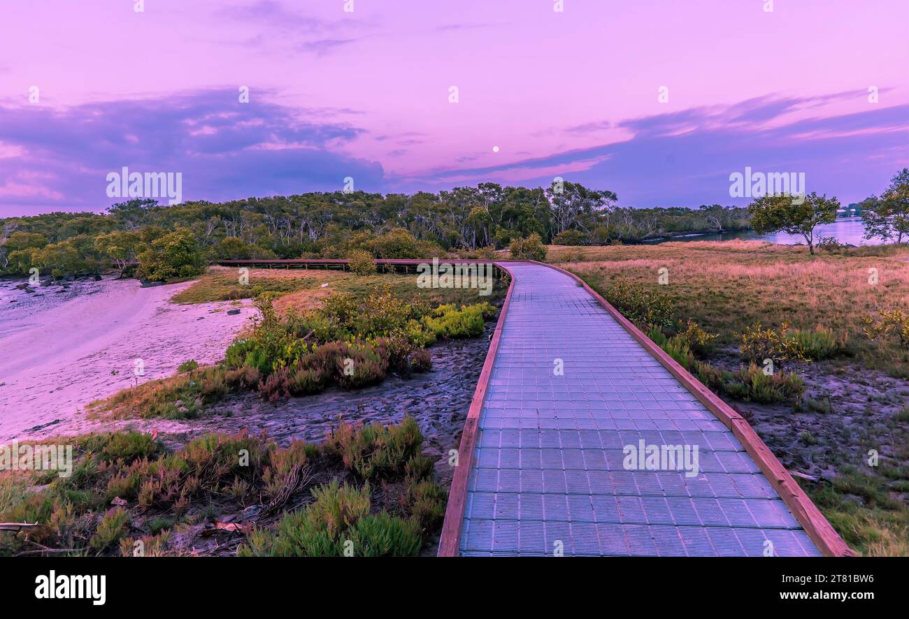 A raised walkway follows the shoreline of the bay at Paradise Point, Queensland at sunrise Stock Photo