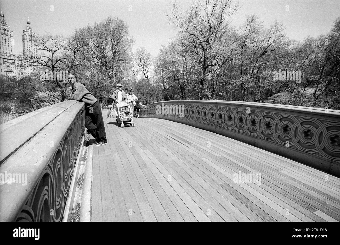 1990s archive black & white photograph of Bow Bridge in Central Park