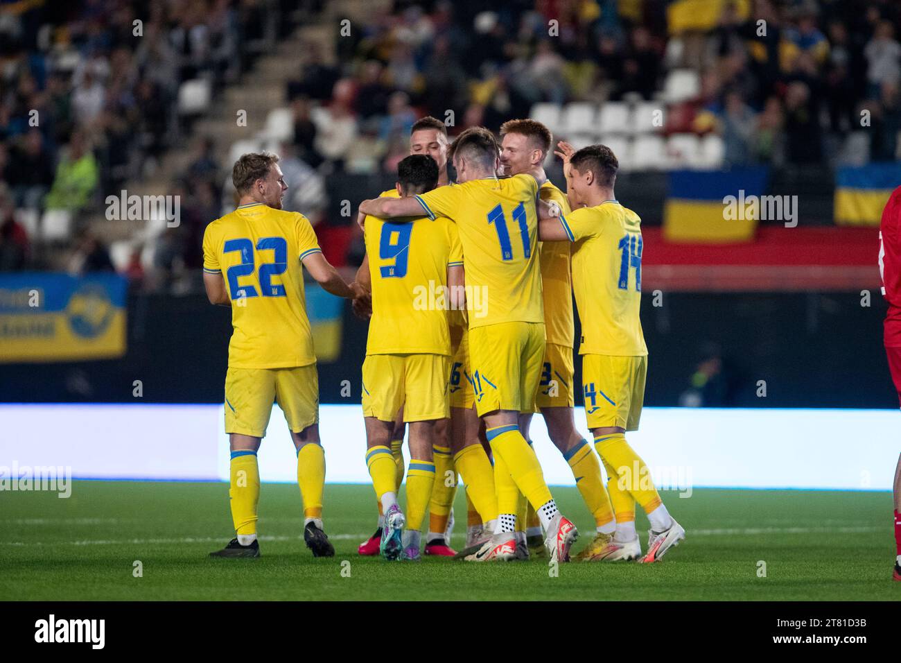 V. RUBCHINSKIY PLAYER OF TEAM UKRAINE U21, NAZAR VOLOSHYN PLAYER OF TEAM UKRAINE U21, V. VANAT PLAYER OF TEAM UKRAINE U21, I. KVASNYTSYA UKRAINE U21 TEAM PLAYER DURING THE MATCH,CELEBRATION OF GOAL 2-0 UKRAINE U-21 vs LUXEMBOURG U-21 UEFA EURO-21 qualifying round group F Nueva Condomina Stadium Murcia, Region of Murcia November 17, 2023. Stock Photo
