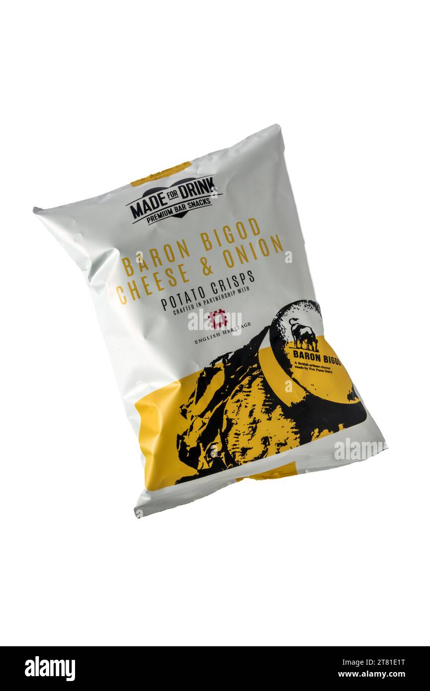 A packet of Baron Bigod Cheese & Onion Crisps made in association with English Heritage. Stock Photo