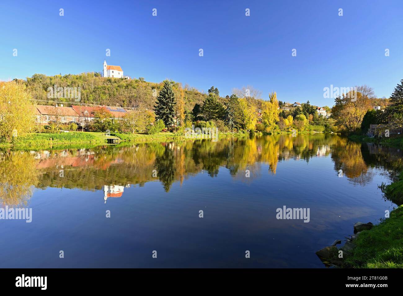 Dolní Kounice - Czech Republic. Beautiful autumn landscape with forest, sky, clouds and sun in the sky. Nature in autumn. Stock Photo