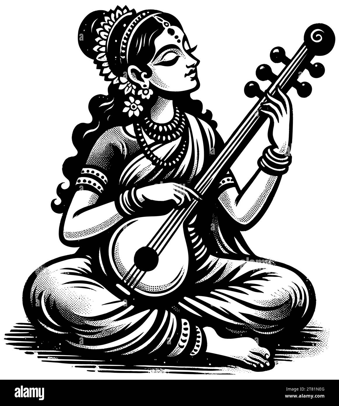 Traditional Indian woman playing sitar, detailed black and white woodcut style Stock Vector
