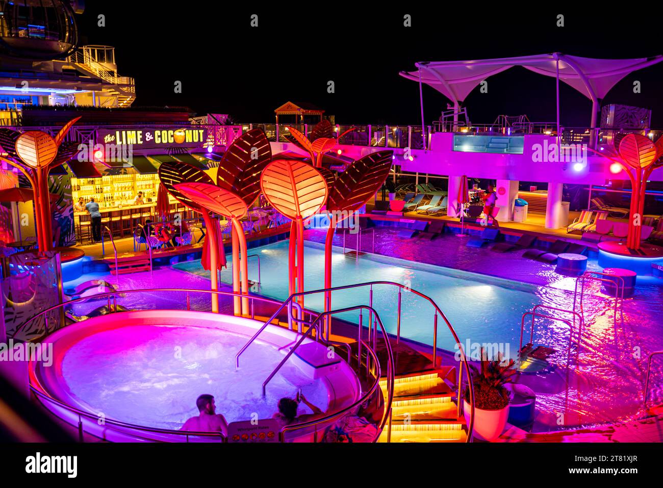 Pool deck of Royal Caribbean's Odyssey of the Seas at night. Stock Photo