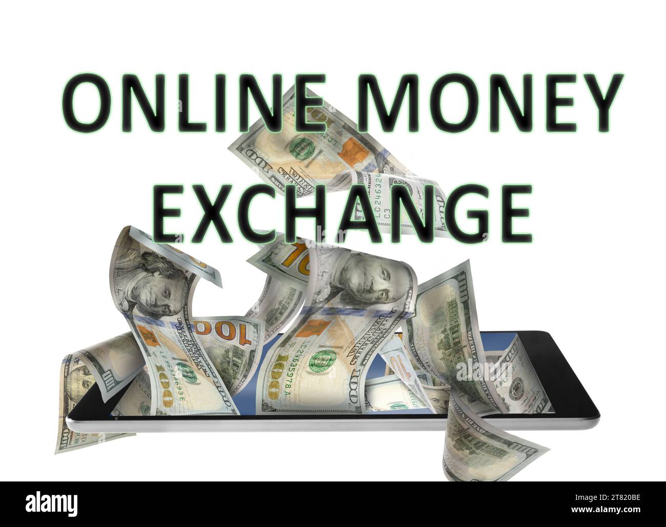 Online money exchange. Dollar banknotes flying out of mobile phone