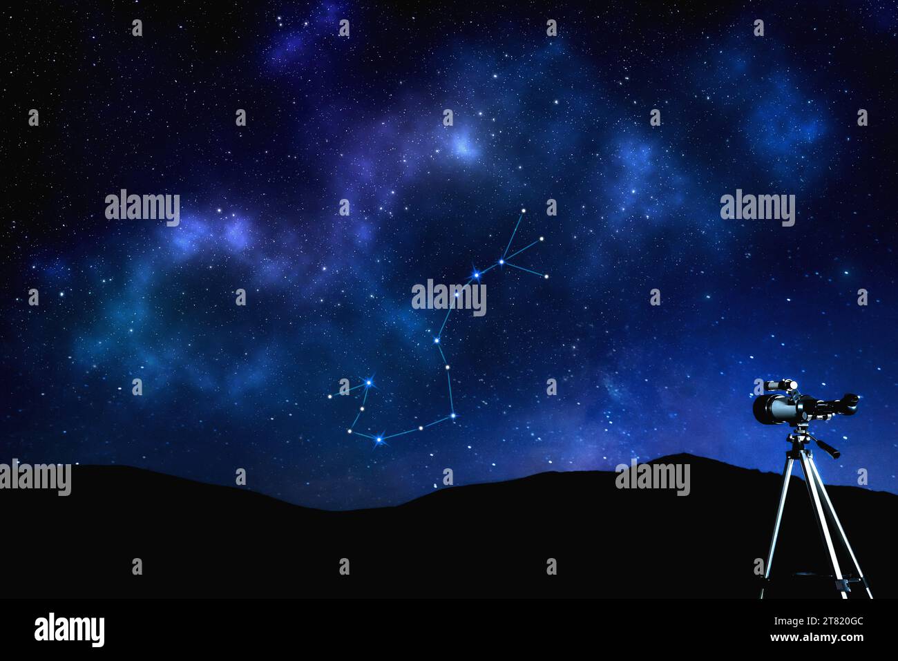Scorpius (Scorpion) constellation in starry sky over mountain at night. Stargazing with telescope Stock Photo