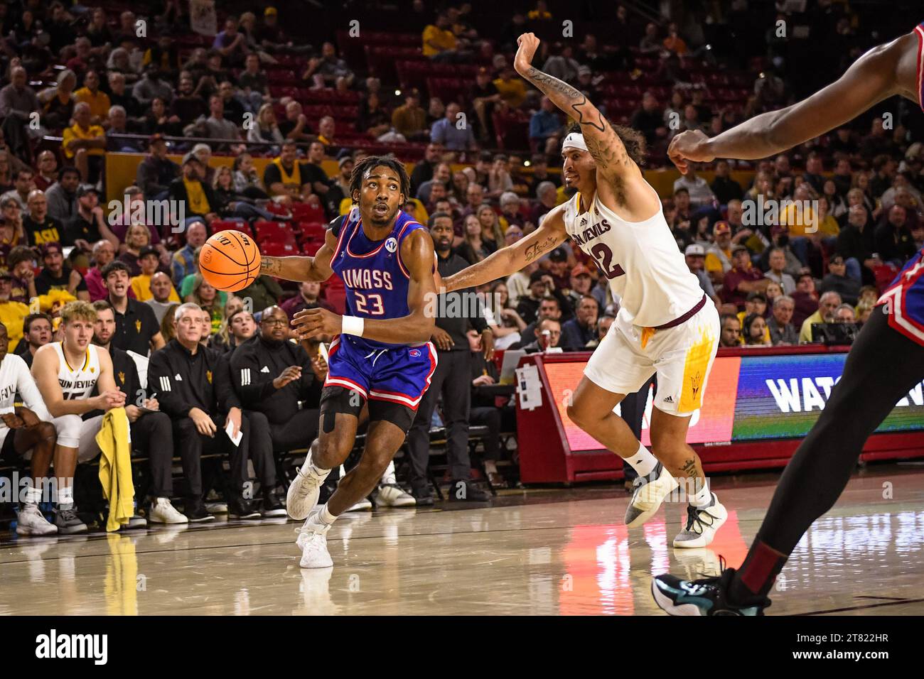 UMass Lowell River Hawks forward Cam Morris III (23) drives to the basket in the first half of the NCAA basketball game against Arizona State in Tempe Stock Photo