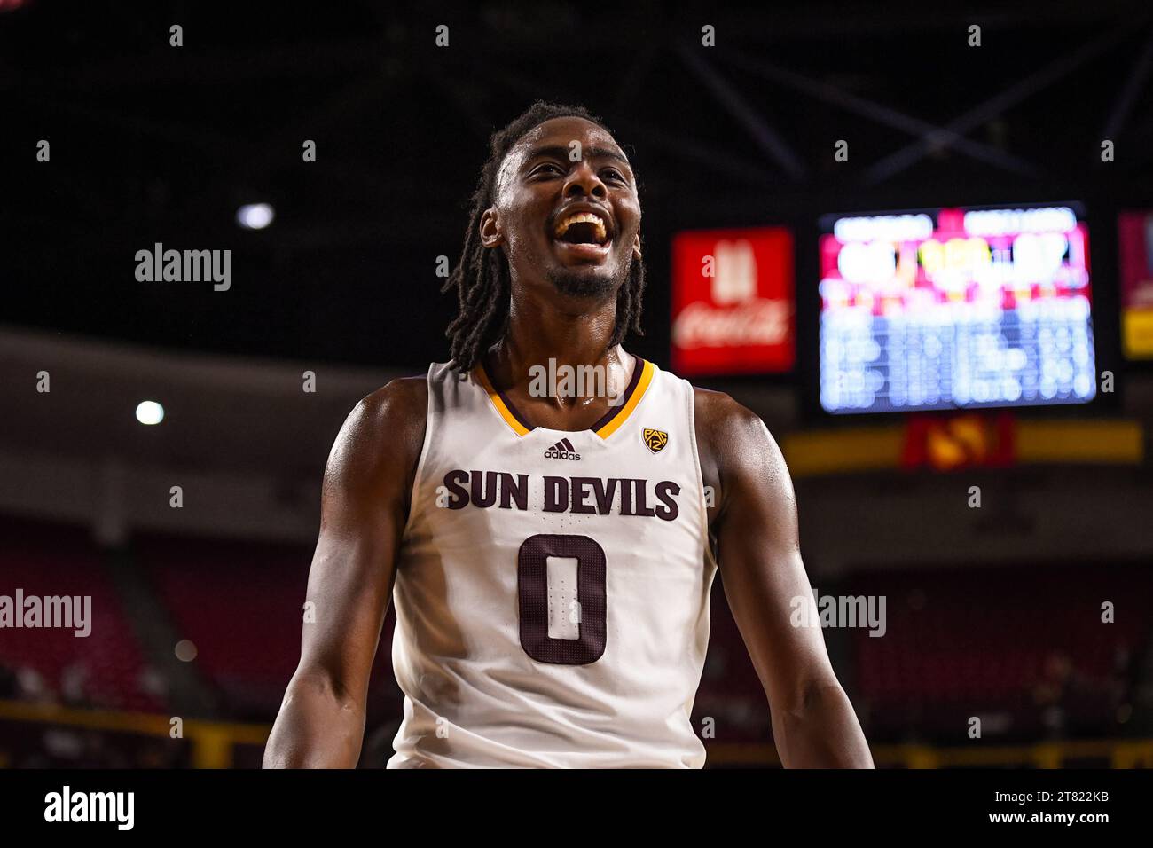 Arizona State Sun Devils guard Kamari Lands (0) celebrates after ascore