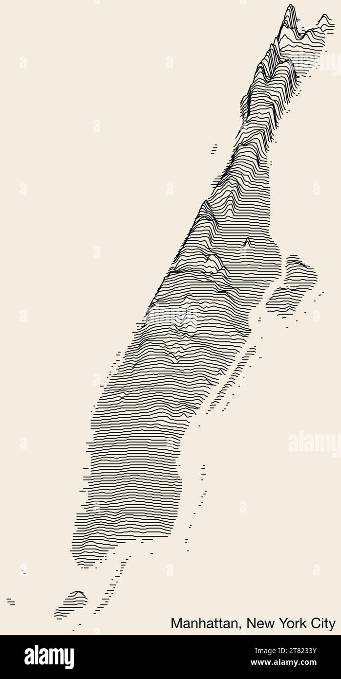 Topographic exaggerated relief map of MANHATTAN, NEW YORK CITY Stock Vector