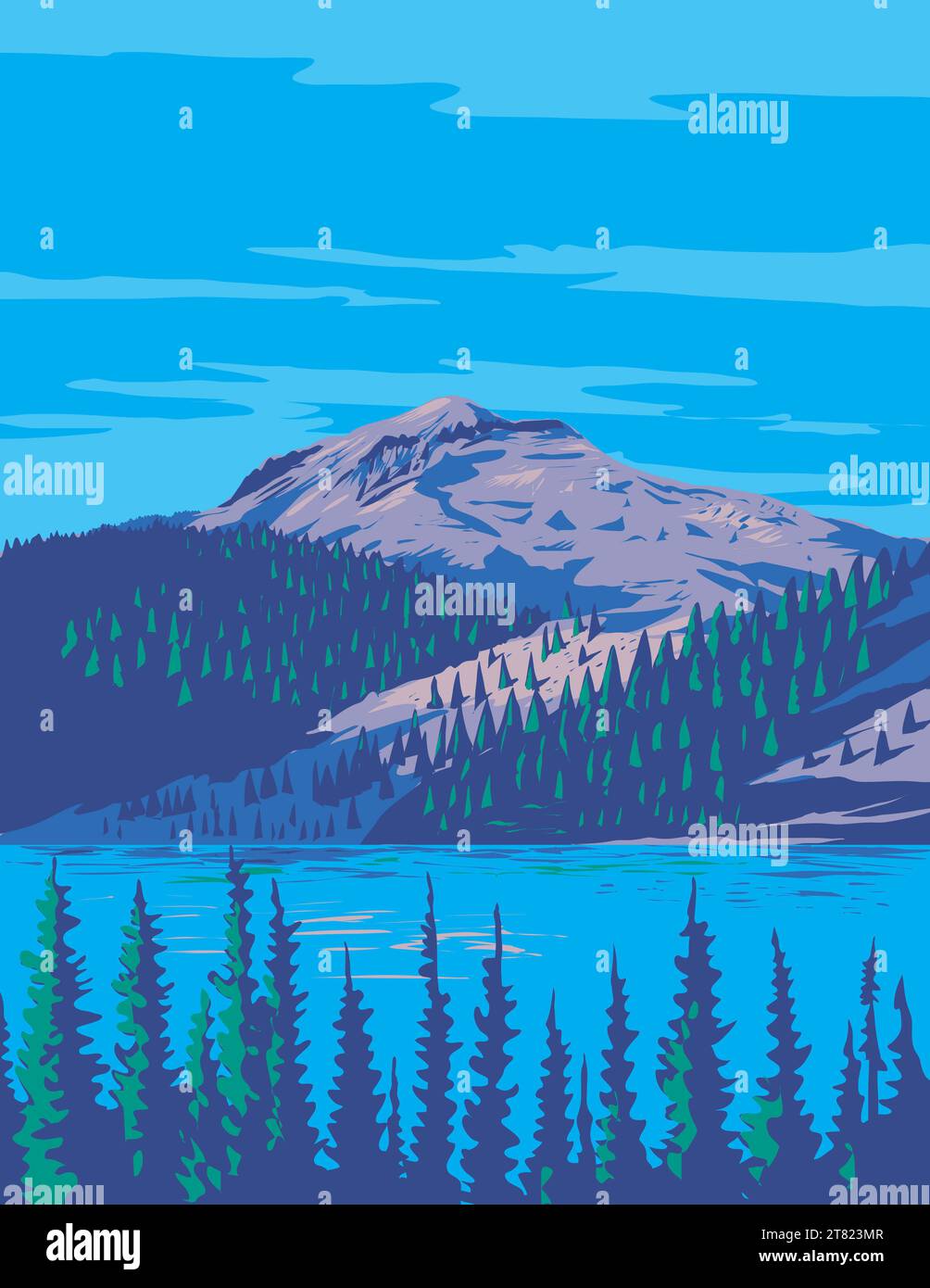 WPA poster art of Lake Helen with summit of Lassen Peak Volcano within Lassen Volcanic National