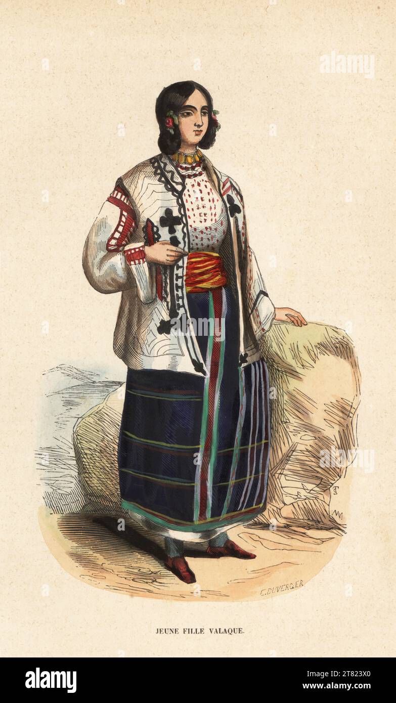 Costume of a young Vlach or Wallachian (Romanian) girl, 19th century. In embroidered jacket and blouse, sash belt and check skirts. Jeune fille Valaque. Handcoloured woodcut by Evrard Duverger after TS from Auguste Wahlen's Moeurs, Usages et Costumes de tous les Peuples du Monde, (Manners, Customs and Costumes of all the People of the World) Librairie Historique-Artistique, Brussels, 1845. Stock Photo