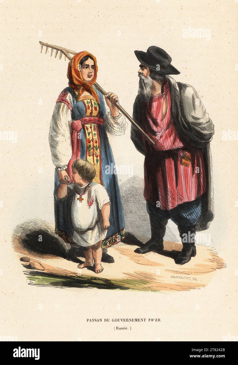 Peasants of the city of Tver, Russia, 19th century. Woman with rake in embroidered gown and blouse, man in smock, breeches and boots. Paysan du gouvernement Twer (Russie). Handcoloured woodcut by L. Markaert from Auguste Wahlen's Moeurs, Usages et Costumes de tous les Peuples du Monde, (Manners, Customs and Costumes of all the People of the World) Librairie Historique-Artistique, Brussels, 1845. Stock Photo