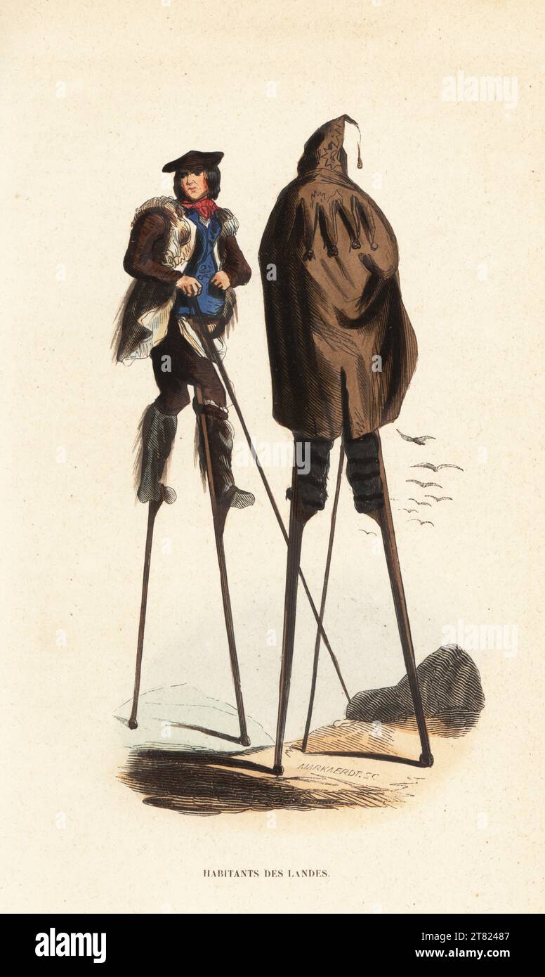 Shepherds of Landes, southwestern France, 19th century. They stand on stilts or tchangues to walk across the marshy heathlands. In hooded capes, fur-lined coats and boots. Habitants des Landes. Handcoloured woodcut by L. Markaert from Auguste Wahlen's Moeurs, Usages et Costumes de tous les Peuples du Monde, (Manners, Customs and Costumes of all the People of the World) Librairie Historique-Artistique, Brussels, 1845. Stock Photo