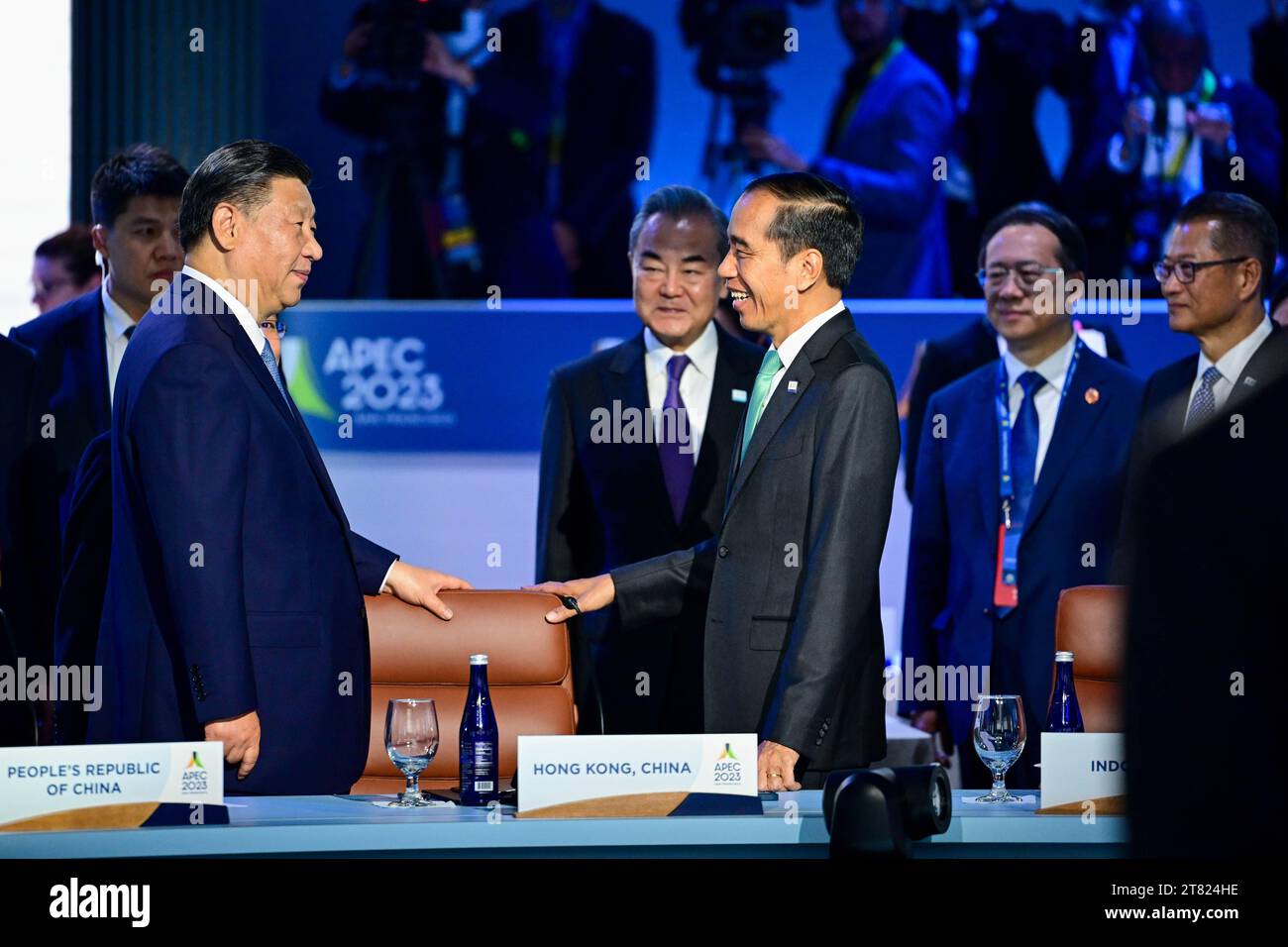 San Francisco, California, USA. 17th Nov, 2023. Chinese President XI JINPING talks with Indonesia's President JOKO WIDODO as they arrive for the APEC Leaders Retreat at the Asia-Pacific Economic Cooperation Economic Leaders Week (AELW) at the George R. Moscone Convention Center. (Credit Image: © Ben Solomon/U.S. Department of State/ZUMA Press Wire) EDITORIAL USAGE ONLY! Not for Commercial USAGE! Stock Photo