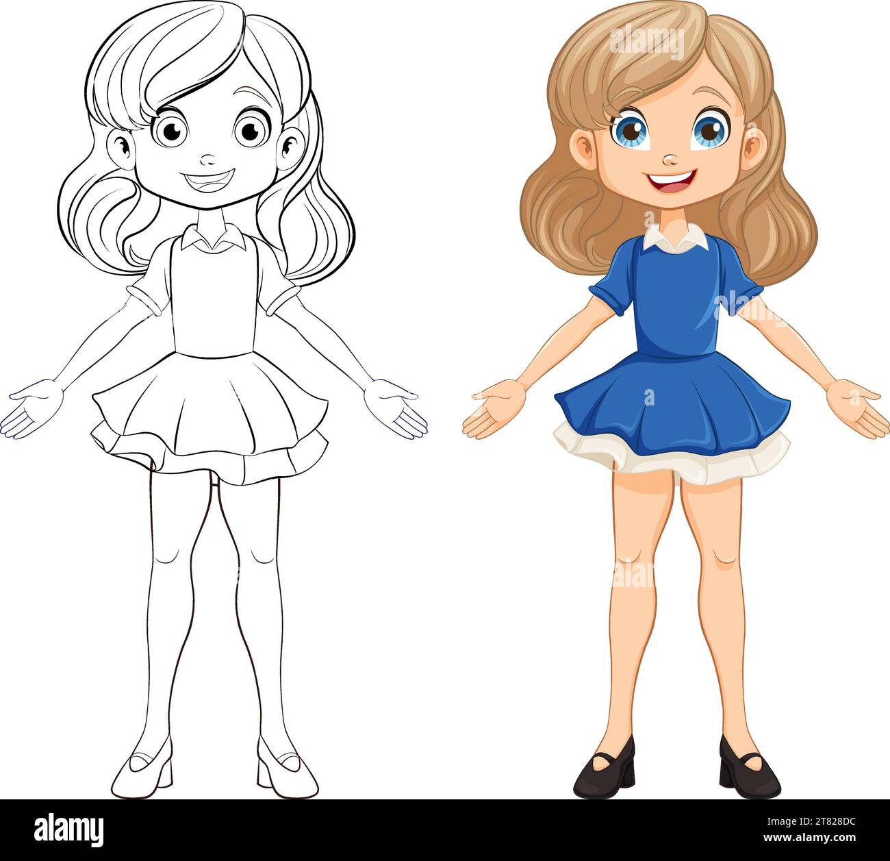 A cheerful girl cartoon character with a doodle outline for coloring ...