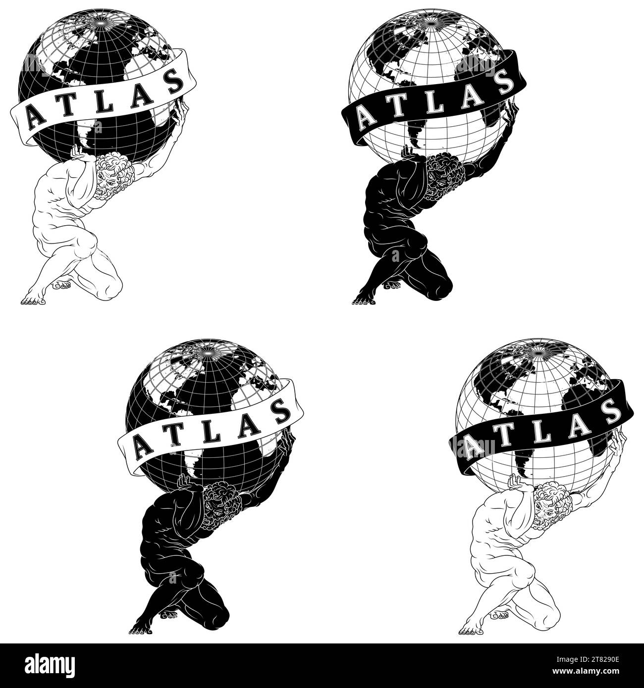 Vector design of Titan Atlas holding the planet Earth, Greek mythology titan holding the Earth sphere, surrounded with ribbon Stock Vector