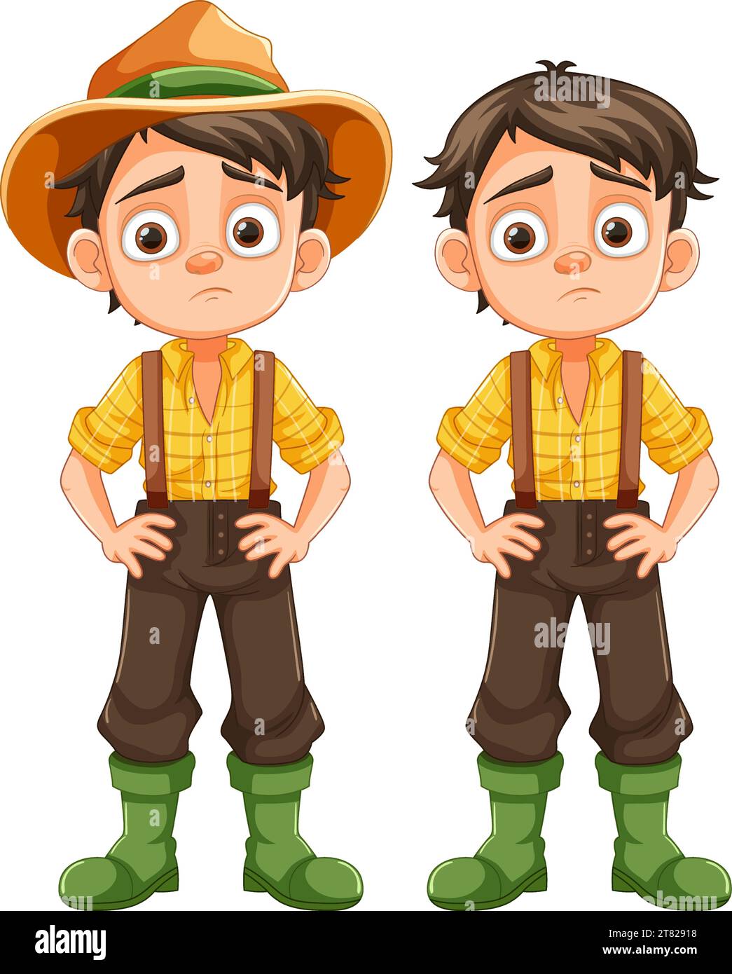 Illustration of boys with sad expressions wearing farmer overalls Stock ...