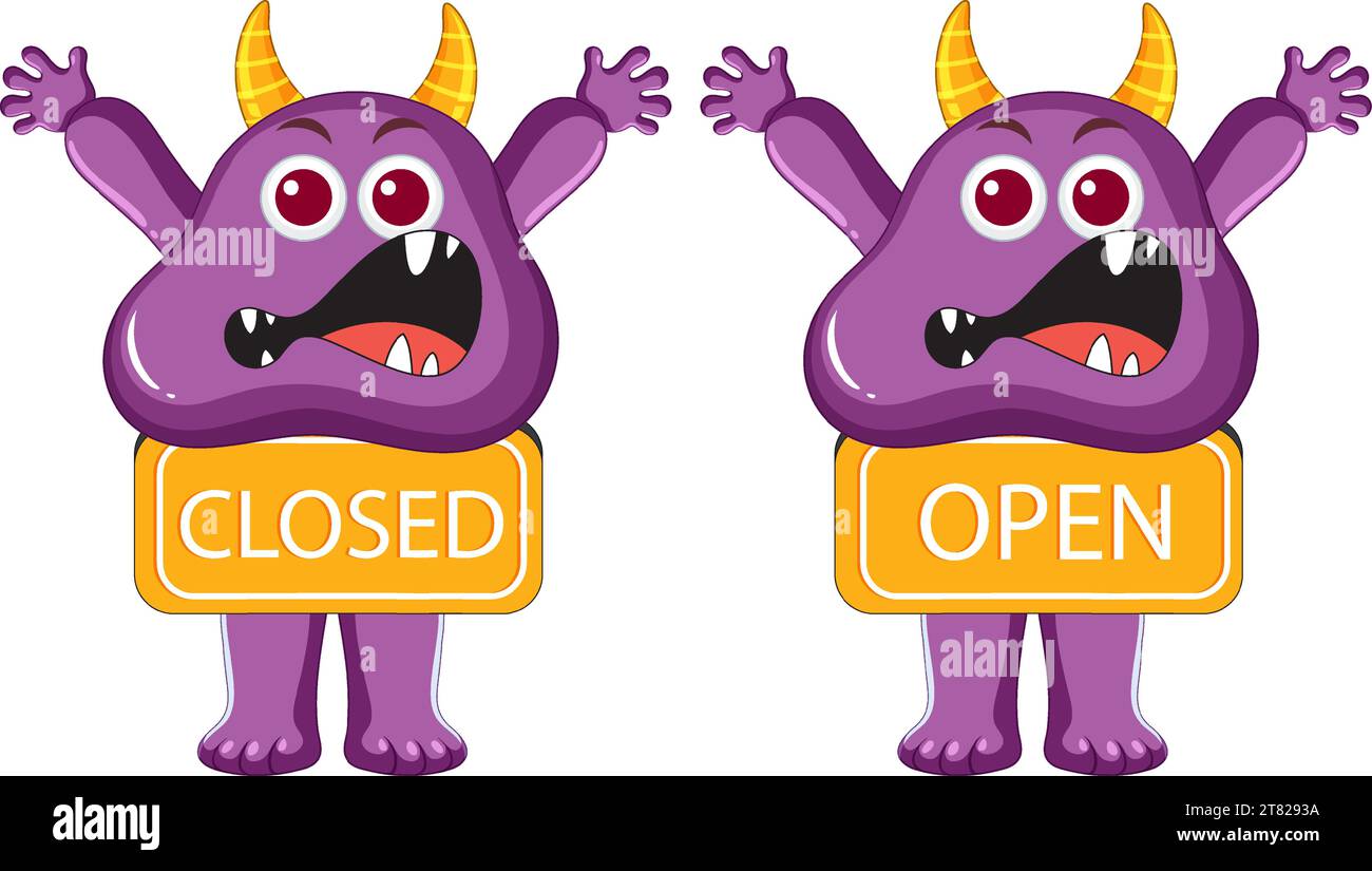 Illustration of a monster cartoon character holding an open and closed ...