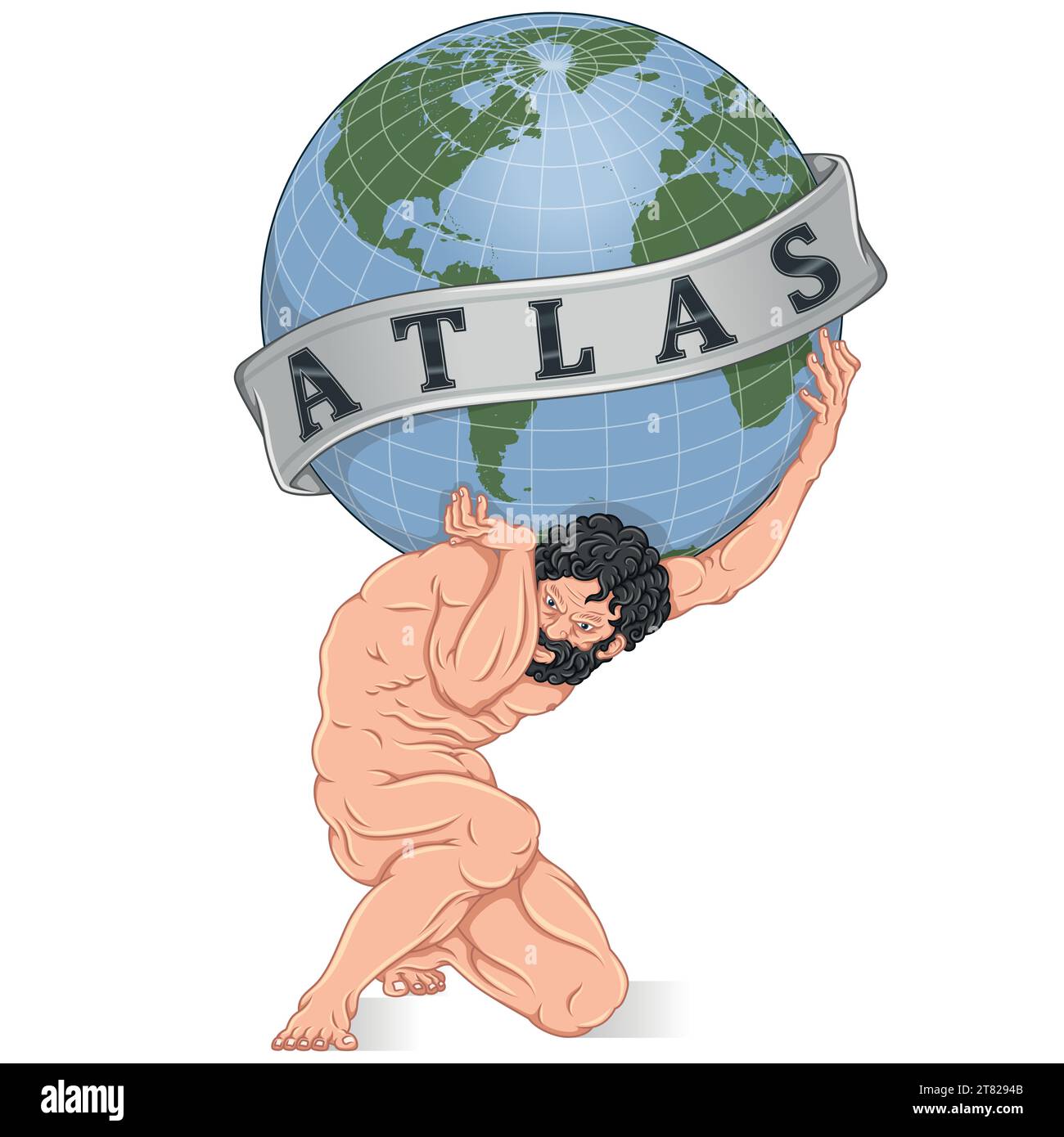 Vector design of Titan Atlas holding the planet Earth, Greek mythology titan holding the Earth sphere, surrounded with ribbon Stock Vector
