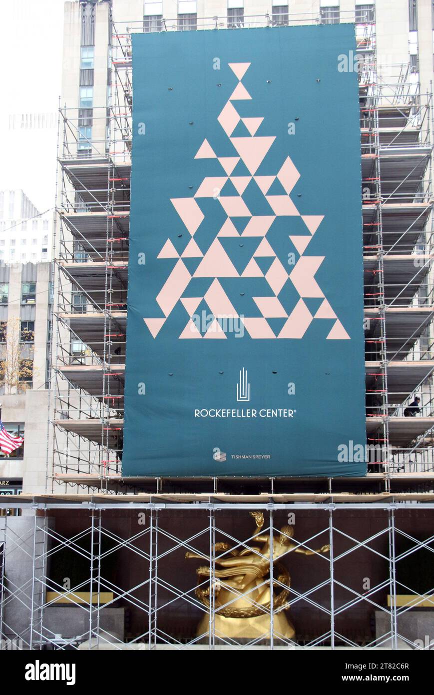 New York, NY, USA. 17th Nov, 2023. View of scaffolding surrounding the Christmas Tree at