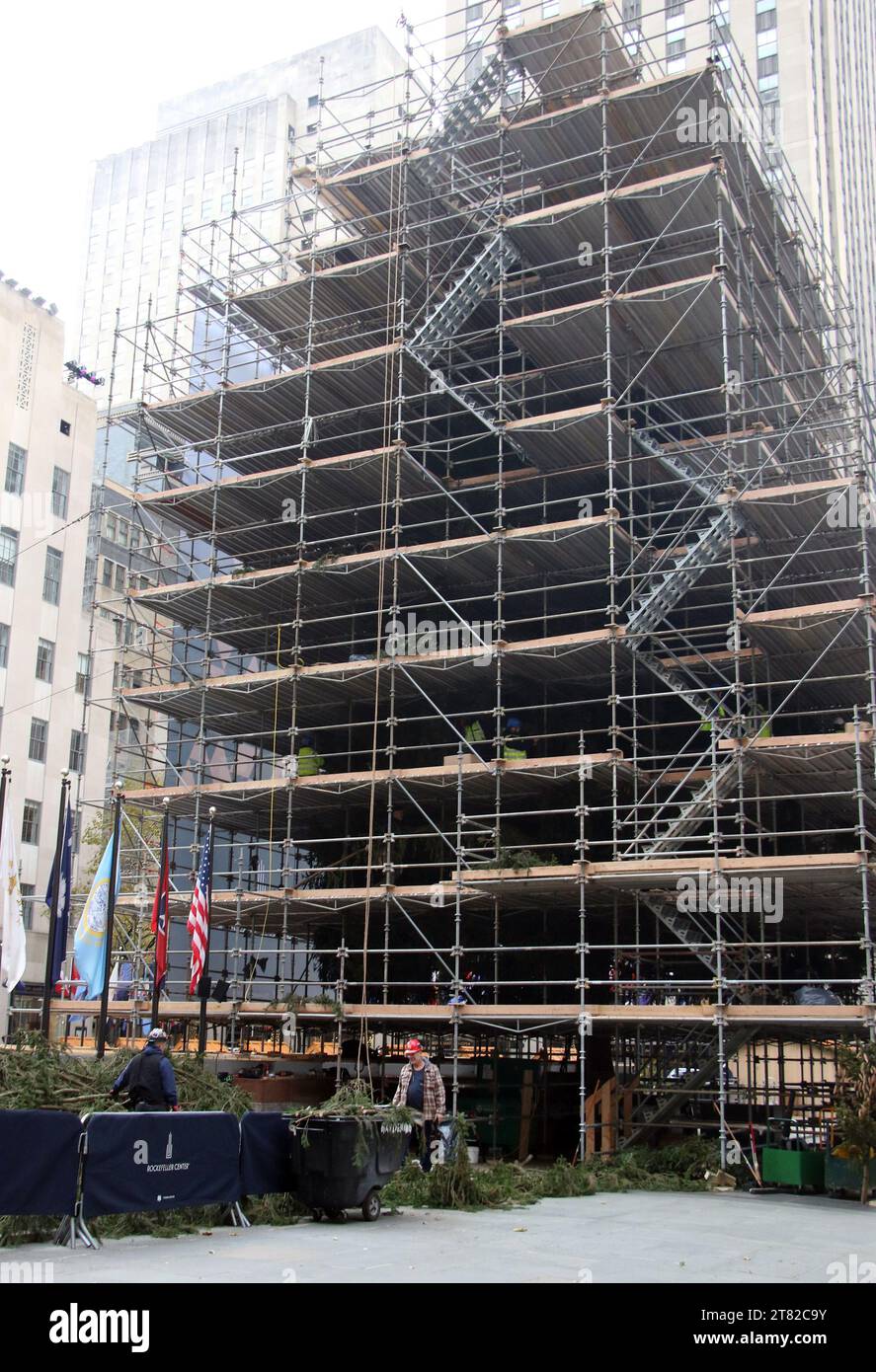 New York, NY, USA. 17th Nov, 2023. View of scaffolding surrounding the Christmas Tree at