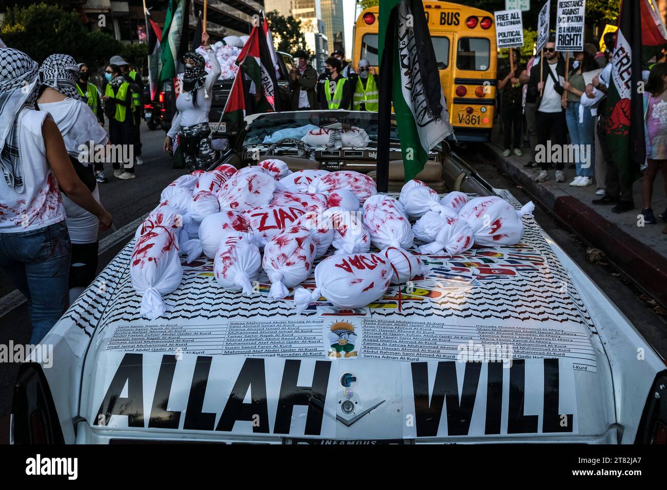 Los Angeles, United States. 17th Nov, 2023. Fake dead bodies bags of children seen on a car during the demonstration. Demonstrators, led by Palestinian Youth Movement gathered outside the Consulate General of Israel in Los Angeles to protest against Israel's ongoing siege of the Gaza Strip and the humanitarian crisis that it is causing. Credit: SOPA Images Limited/Alamy Live News Stock Photo
