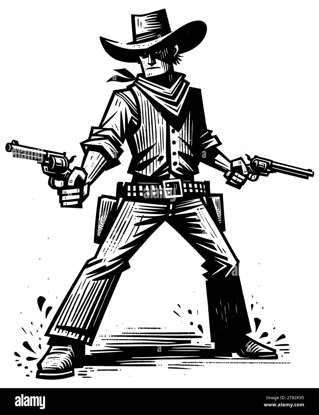 Dual-wielding cowboy in stance, linocut black and white. Stock Vector