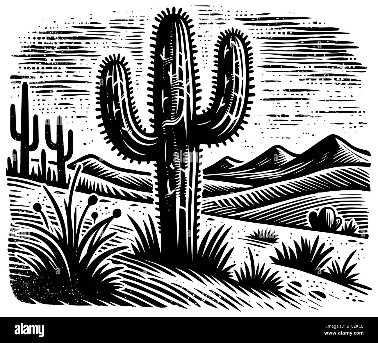 Saguaro cactus in desert, linocut print, black and white. Stock Vector