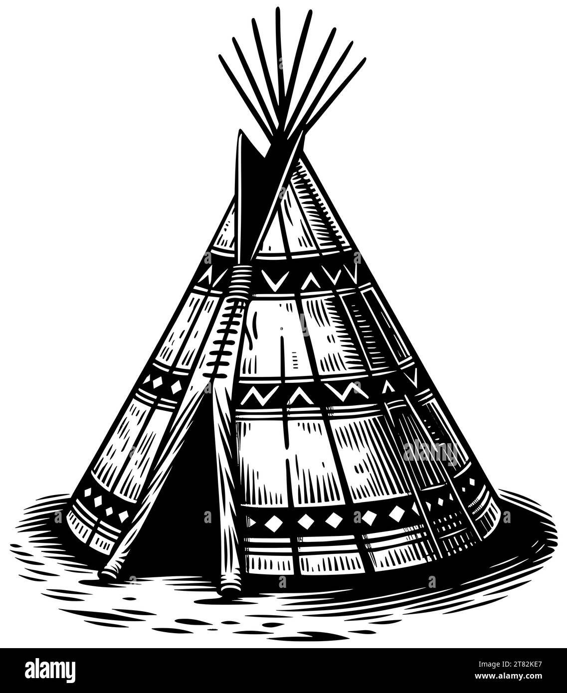 Linocut style illustration of Native American tipi with decorative patterns. Stock Vector