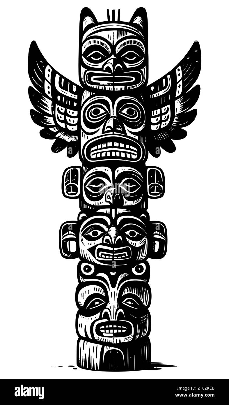 Linocut style illustration of Native American totem pole with intricate native designs in black and white. Stock Vector
