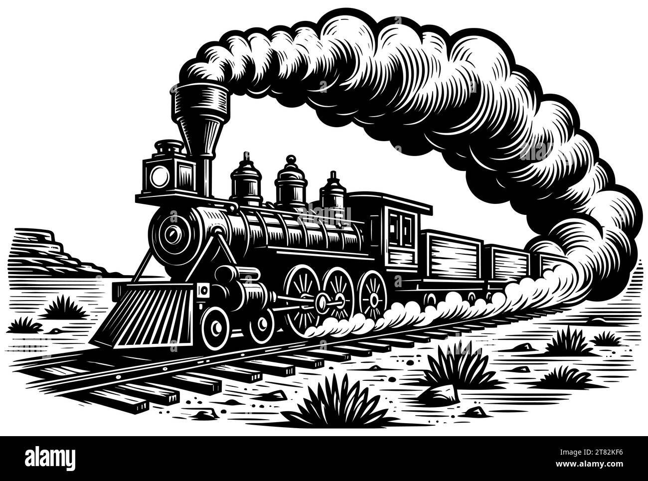 Linocut style illustration of steam train chugging across tracks with billowing smoke. Stock Vector