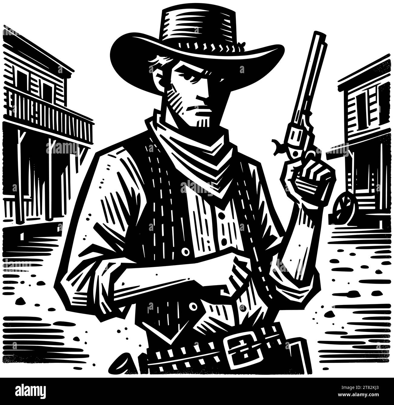 Cowboy with revolver stands in old western town in woodcut style. Stock Vector