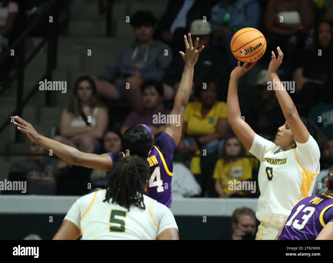 Hammond, USA. 17th Nov, 2023. LSU Lady Tigers guard Aneesah Morrow (24) tries to block SE Louisiana Lady Lions forward Kennedy Paul (0) three-point attempt during a women's college basketball game at the University Center in Hammond, Louisiana on Friday, November 17, 2023. (Photo by Peter G. Forest/Sipa USA) Credit: Sipa USA/Alamy Live News Stock Photo
