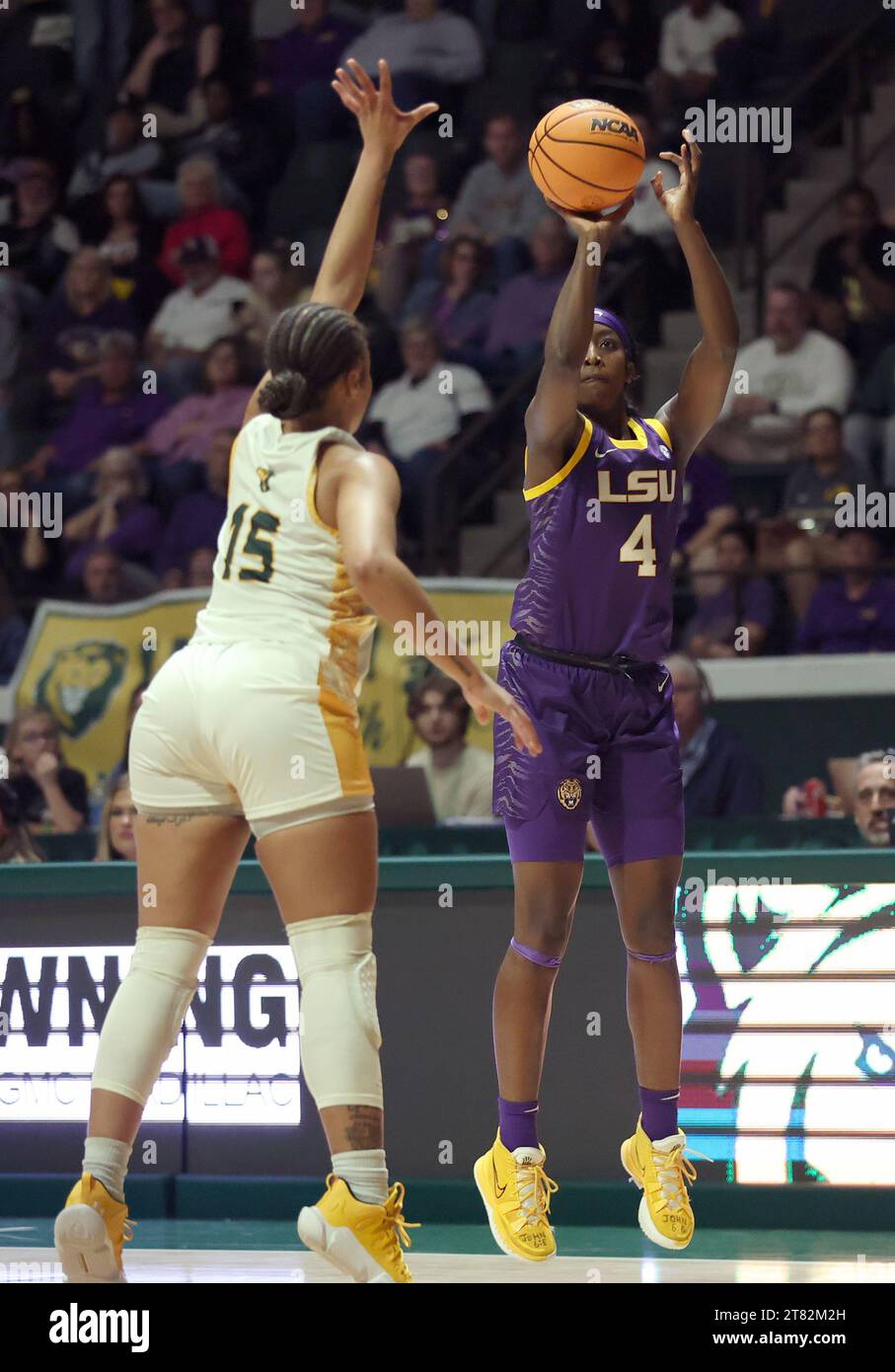 Hammond, USA. 17th Nov, 2023. LSU Lady Tigers guard Flau'jae Johnson (4) shoots a three-pointer against SE Louisiana Lady Lions guard Daija Harvey (15) during a women's college basketball game at the University Center in Hammond, Louisiana on Friday, November 17, 2023. (Photo by Peter G. Forest/Sipa USA) Credit: Sipa USA/Alamy Live News Stock Photo