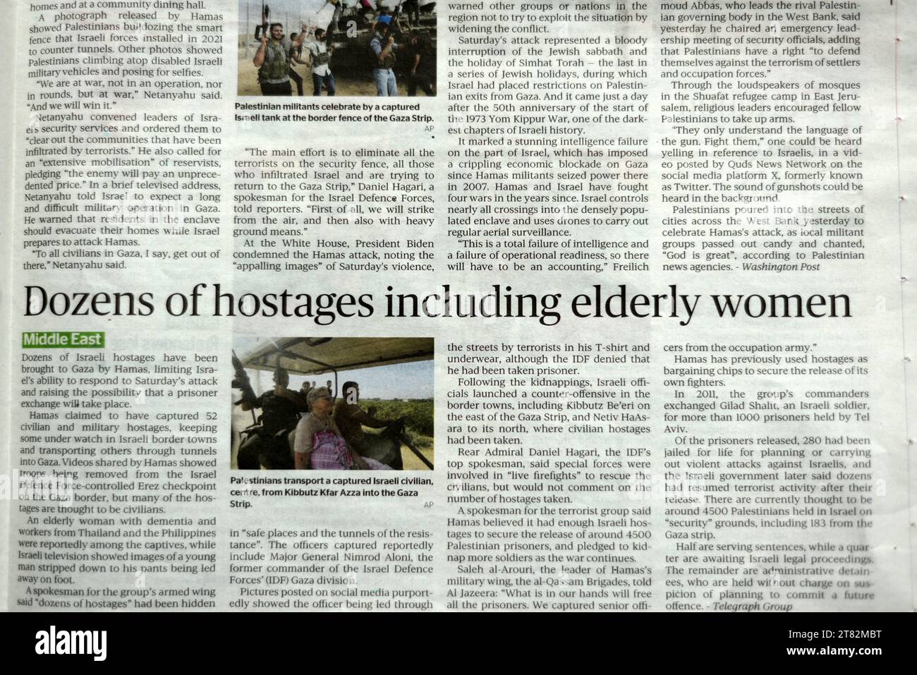 Christchurch, New Zealand, October 9, 2023: Headlines in The Press for the October 7 attack in Israel: Dozens of hostages including elderly women Stock Photo