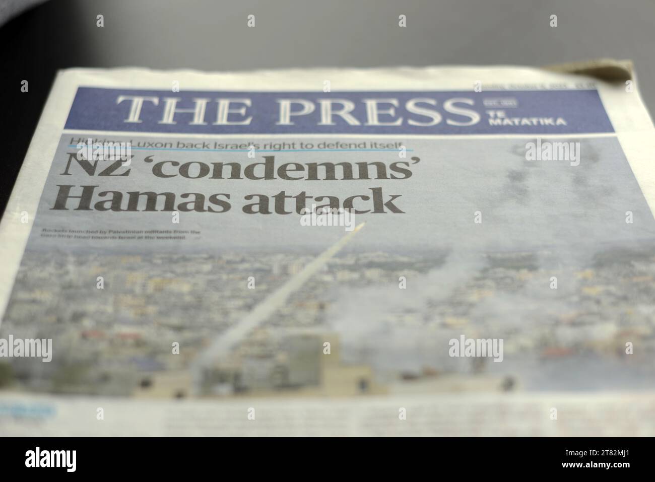 Christchurch, New Zealand, October 9, 2023: Headlines in The Press for the October 7 attack in Israel: NZ 'condemns' Hamas attack Stock Photo